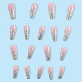 Ombre Pink Press on Nails Medium Coffin Fake Nails Nude False Nails with Design Bling Glitter Sequins Glue on Nails Full Cover Acrylic Stick on Nails Glossy Artificial Nails for Women Manicure 24Pcs