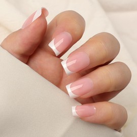 Artquee Light Pink White French Tip Press on Nails Short Square Fake Nails Kit Glossy Reusable False Stick on Fingernails for Women - 32 Pcs in 16 Sizes