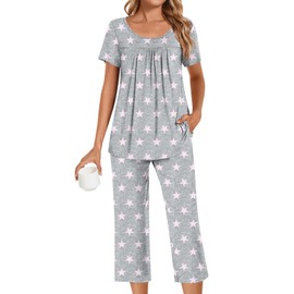 POPYOUNG Womens Pajama Sets Summer Ladies Pjs 2 Piece Loungewear Capri with Pockets Sleepwear XL, Fl Pink Star