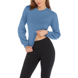 ARRIVE GUIDE Long Sleeve Shirts for Women Workout Crop Tops Athletic Cropped Cotton Yoga Tops Gym Running Dancing Shirts,Steelblue M