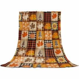 Thanksgiving Pumpkin Throw Blanket Maple Leaf Gnome Fall Plaid Patchwork Flannel Fleece Super Soft Fuzzy Blankets Cozy Warm Lightweight Bed Throws for Couch Sofa Travel Camping 40"x50"