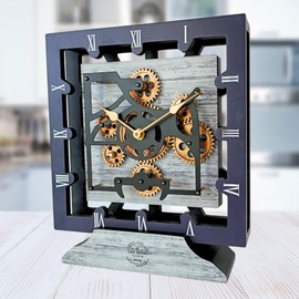 THE GEARS CLOCK Desk Clock 10 Inches with Real Moving Gear Square Convertible Into Wall Clock (Silver Grey)