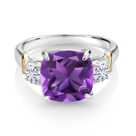 Gem Stone King 925 Sterling Silver and 10K Yellow Gold Cushion 10MM Gemstone Birthstone and Round 4MM White Moissanite 3 Stone Ring For Women Available In Size 5, 6, 7, 8, 9