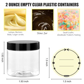 TUZAZO 2 Oz Small Plastic Container Jars with Lids and Labels BPA Free, Empty Round Clear Cosmetic Containers Plastic Slime Jars for Lotion, Cream, Ointments, Samples, Makeup, Travel Storage (12 Pack)