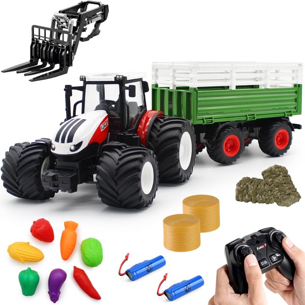 fisca Remote Control Tractor Toy RC Farm Tractor Set with Trailer Front Forklift, 1/24 Scale 2.4Ghz Electronic Tractor Farm Truck Vehicle Toy with Light for Kids Age 6, 7, 8, 9 and Up Years Old