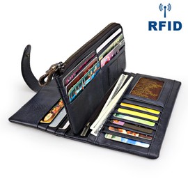 Women's RFID Blocking Clasp Wallet Vintage Hand Rubbing Leather Wallets Organizer (Blue Black)