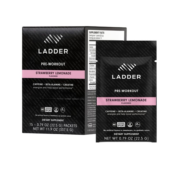 LADDER Sport Pre Workout Powder, Caffeine, Beta-Alanine, Creatine, Theanine, Clean Energy with No Artificial Sweeteners, NSF Certified for Sport (Strawberry Lemonade Packet)