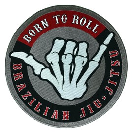 BJJ Patch Born to Roll, Skeleton Hand Loose Shaka Brazilian Jiu Jitsu Gi Patches for Back (9.8 in)