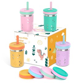 Tronco [4 Pack] 10 oz 2-in-1 Stainless Steel Kids Tumbler Cups with Silicone Sleeves, Spill-Resistant Flexible Straws & Storage Lids, BPA-Free Smoothie and Snack Cups, Dishwasher Safe
