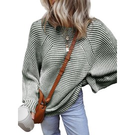 EVALESS Womens Striped Sweaters Fall Outfits Tops for Women Trendy 2025 Business Casual Work Clothes Oversized Crewneck Off Shoulder Green Sweaters Long Sleeve Sweatshirts Winter Teacher Tops, Medium
