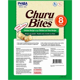 INABA Churu Bites for Dogs, Grain-Free, Soft/Chewy Baked Chicken Wrapped Churu Filled Dog Treats, 0.42 Ounces Each Tube | 24 Tubes Total (8 Tubes per Pack), Chicken with Tuna Recipe