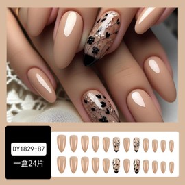 Medium Press on Nails French Almond Fake Nails Tip with Cute Flower Designs Full Cover False Nails Stick on Nail Acrylic Nails 24 Pcs (Brown-4, Nails-4)