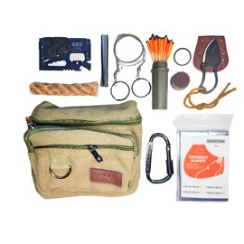 Fire Starter Windproof Waterproof Matches Emergency Blanket Saw Wire Multi Purpose Tool Wax Ropes Waist Bag for Hiking Camping Hiking Bug Out Bag Outdoor Survival