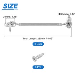 sourcing map 2Pcs 8" Hook and Eye Latch, Barn Door Lock Stainless Steel Cabin Hook Privacy Door Gate Hooks for Window Sliding Door Fence Shed, Silver