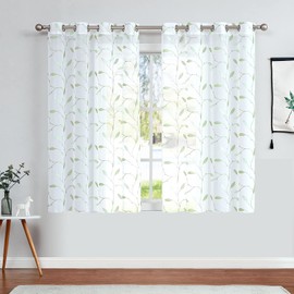 Lazzzy Sheer Curtains 63 Inches Length Floral Leaf Embroidered White Sheer Curtain for Bedroom Living Room Kitchen Farmhouse Voile Drapes Privacy Window Treatment Set of 2 Panels Green on White
