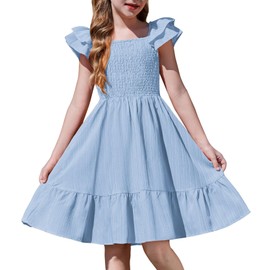 Arshiner Girls Light Blue Dress Square Neck Off Shoulder with Pockets Easter Flower Girl Dresses Size 14-16