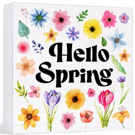Spring Decor Farmhouse Hello Spring Floral Wood Sign Spring Decorations Country Home Table Desk Decor (5 x 5 Inches)