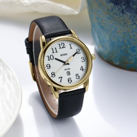 BUREI Men's Watch Black Leather Strap Minimalist Analogue Waterproof Quartz Watch Business Casual Watch for Men Luminous Easy-to-Read Dial, black gold, Minimalist, classic, easy to read, elegant