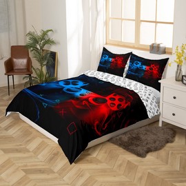 Teens’ Gamer Duvet Cover 135 x 200, Boys’ Gaming Joysticks, Reversible Bedding Set, Children's Game Console Comforter Cover, Gamepad, Video Games Bedspreads, Old Retro Gaming Machine, Bedroom Decor, Red/Blue