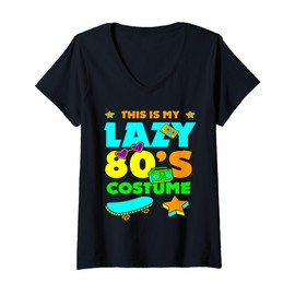 Womens This Is My Lazy 80s Costume Vintage Colorful Retro 1980's V-Neck T-Shirt