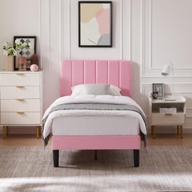 VECELO Twin Size Bed Frame with Upholstered Headboard, Velvet Platform Bedframe Mattress Foundation, Strong Wood Slat Support, No Box Spring Needed,Pink
