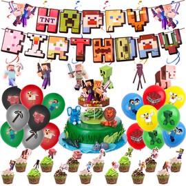 Pack of 55 Birthday Decoration Boys Miner Gamer Birthday Decoration, Video Games Children's Birthday Decoration Party Accessories, Includes Happy Birthday Banner, Cupcake Topper, Balloons, Hanging