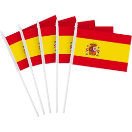 G128 12 Pack Handheld Spain Spanish Stick Flags | 4x6 In | Printed 150D Polyester, Country Flag, Solid Plastic Stick, Spear White Tip