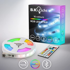 B.K.Licht - USB LED Strip 5 m with Music Sensor, Remote Control, RGB IC Dynamic Colour Changing, LED Strip, Room Decoration, Gaming Decoration, LED Strip, 500 x 0.8 x 0.3 cm, White