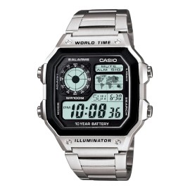 Reloj Casio Ae1200 Metal Mapa Mundial Full Correa Plateado Bisel Plateado Fondo Negro