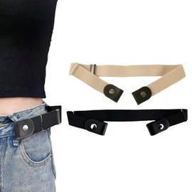 Pack of 2 Elastic Belt Without Buckle Women, Buckle-Free Belt, Stretch Belt Without Buckle Men, Children's Belt Boys, Leather Belt Elastic, Elastic Men's Belt, Black, beige
