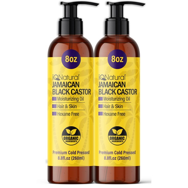 IQ Natural Jamaican Black Castor Oil - Organic Hair & Scalp Growth Treatment, Extra Dark, Rich in Vitamin E, 8oz Twin Pack for Dry Scalp, Beard & Edge Growth