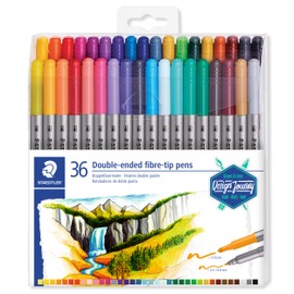 Staedtler 3200TB36P1X Dual Tip Fibre Tip Pens, for Two Line Widths and Metallic Marker in Gold and Silver for Light and Dark Paper, 36 Felt Tip Pens and 2 Markers