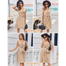 Ekouaer Women Maternity Nursing Wrap Dress Short Sleeve Ribbed Knit Dresses Casual Outfit Baby Show Clothes Light Brown XL