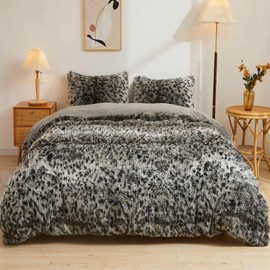 LIFEREVO Cheetah Print Faux Fur Duvet Cover Fluffy Bedding Set, 3 Pieces Soft Plush Fuzzy Comforter Cover Set(1 Shaggy Comforter Cover+2 Furry Pillowcases), Zipper Closure(King, Leopard Print Grey)