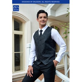 Enlision Mens Black Paisley Vest Classic Floral Jacquard Vests and Necktie Pocket Square Set Formal Dress Waistcoat for Suit or Tuxedo