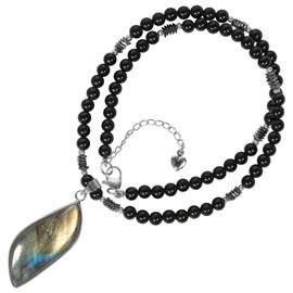 Nupuyai Irregular Labradorite Pendant Necklace for Women and Men, Natural Black Obsidian Crystal Stone Beaded Necklace for Unisex