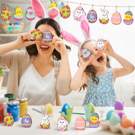 Spring Bunny Wooden Hanging Ornaments 24 Pcs, Cute Bunny Easter Eggs Wood Ornaments for Tree, Easter Wooden Decorations with Strings Hanging Ornaments for Party Home Classroom
