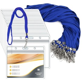 50 Pack Clear Plastic Horizontal Name Tags Badge ID Card Holders and 50 Pack Flat Neck Lanyards with Swivel Hook, Blue