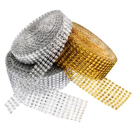 Waycreat 2 Roll 8 Row 10 Yard and 1 Roll 4 Row 10 Yard Acrylic Rhinestone Diamond Ribbon for Party,Wedding Cakes, Birthday (Silver Gold)