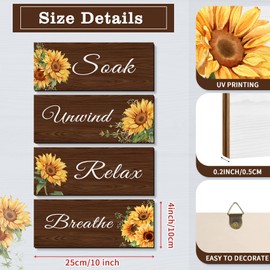 4 Pieces Sunflower Bathroom Decor Farmhouse Rustic Bathroom Wall Art Relax Soak Unwind Breathe Wooden Signs for Bathroom Home Spa Laundry Room (Brown)