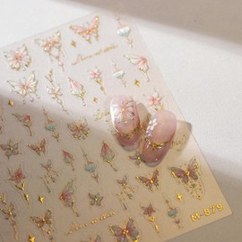 Butterfly Nail Art Stickers Flower Nails Decals with Gold Design Pink Floral Nail Sticker for Nails Art 5D Embossed Self Adhesive Nails Charms for Women Girls Manicure DIY Decoration