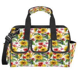 Cornflower Poppy 14 Pockets Tool Bags Heavy Duty Wide Mouth Tool Tote Bag Pouch Sunflower Tool Organizer Bag with Adjustable Strape for Men Women 14.8 Inches