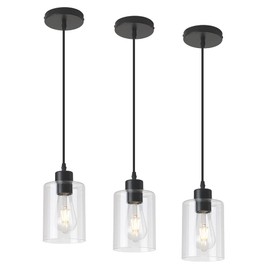KLSS Modern Black Farmhouse Clear Glass Cylinder Pendant Light Fixture,Mini Pendant Lighting for Kitchen Island Decor - 4.75 Inch Shade, 2-58 Inch Cord (Black 3 Pack)