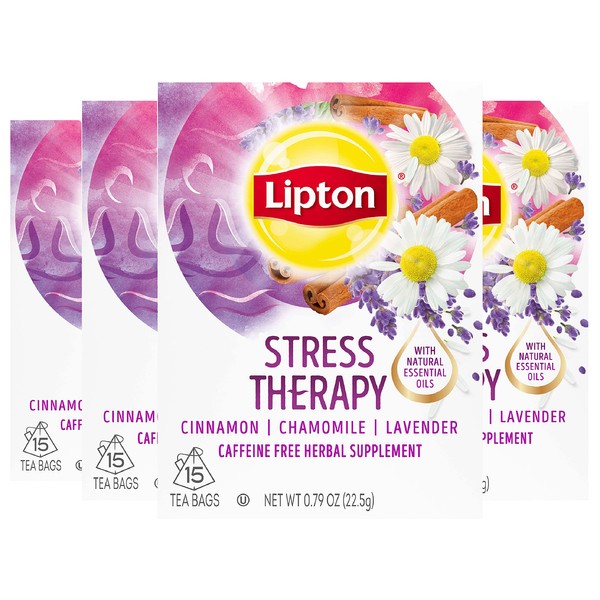 Lipton Stress Therapy Herbal Tea Bags, Cinnamon, Chamomile, Lavender Caffeine Free, 15 count (Pack of 4)