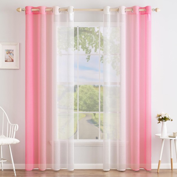 MIULEE Set of 2 Voile Curtains, Two-Tone Curtain with Eyelets, Transparent Curtain, Eyelet Curtain, Translucent Window Scarf for Bedroom, 140 x 145 cm, Pink