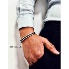 BIYONGDE Men's Stainless Steel Cuff Bracelet with Black Chain Inlay, Silver Sleek Open Bangle, Urban and Minimalist Style