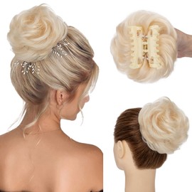 SLEEKALON Claw Clip Messy Bun Hair Piece 100% Real Human Hair Buns Curly Wavy Tousled Bun Scrunchies for Women Platinum Blonde Clip in Bun Hair Extension