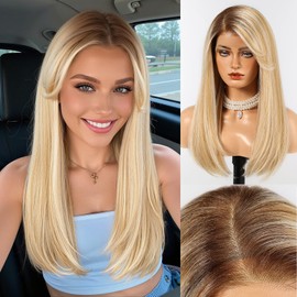 HAIRCUBE 13x6 HD Transparent Lace Front Wig, Ombre Blonde Hightlight Long Straight Synthetic Glueless Wig with Natural Density Hairline & Adjustable Cap