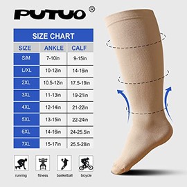 PUTUO PUTUO Wide Calf Compression Socks: Plus Size Graduated Compression Stockings for Men Women Large Compression Sock for Support Flight Travel Pregnancy Edema Nurses Seniors 20-30 mmHg Beige 6XL 3Pairs