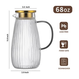 Buaic 2 PACK Glass Pitcher with Lid and Spout,68 oz/2 Liter Vertical Stripes Water Pitcher for Fridge, Clear Borosilicate Glass Water Carafe for Cold Brew, Coffee, Lemonade, Sun Tea,Heat Resistant